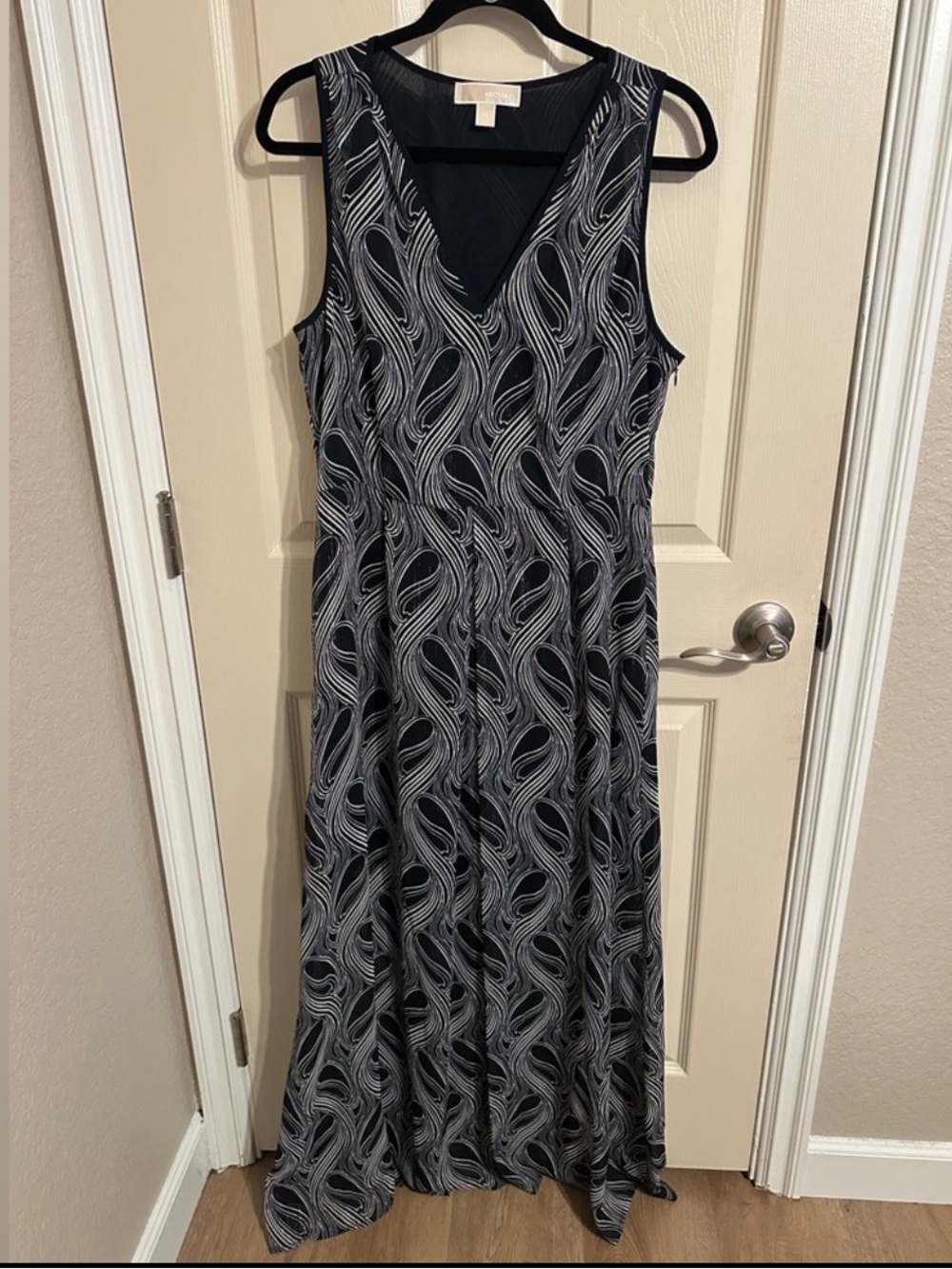 MICHAEL Michael Kors Patterned Metallic Sleeveless Maxi Dress, Navy & Cream, 10